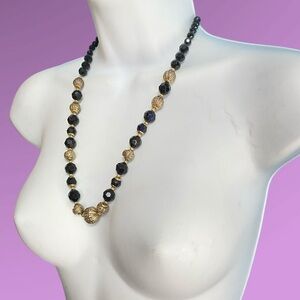 Vintage Black Lucite Faceted Beads Textured Silver & Gold On Chain Necklace